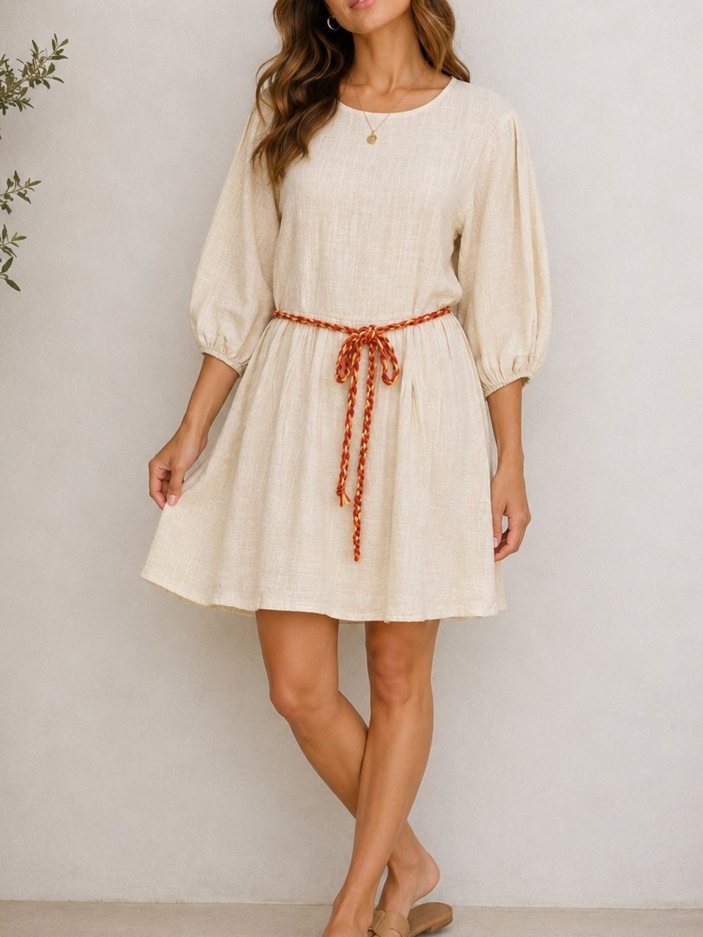 Tennis Cotton 3/4 Sleeve Tie Waist Fit & Flare Dress In Cream Size M
